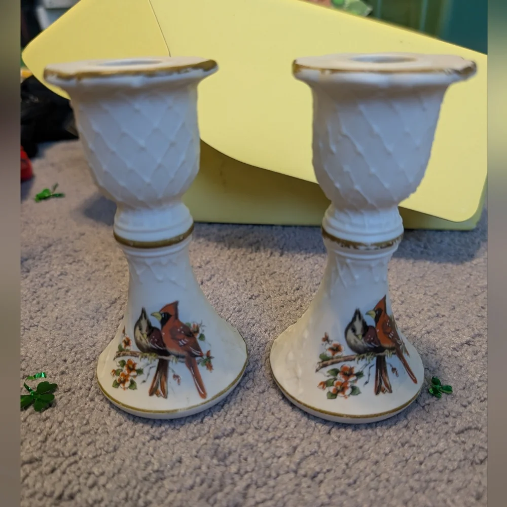 Antique Made In Japan Elegant Red Bird Cardinal Design Candle Holders